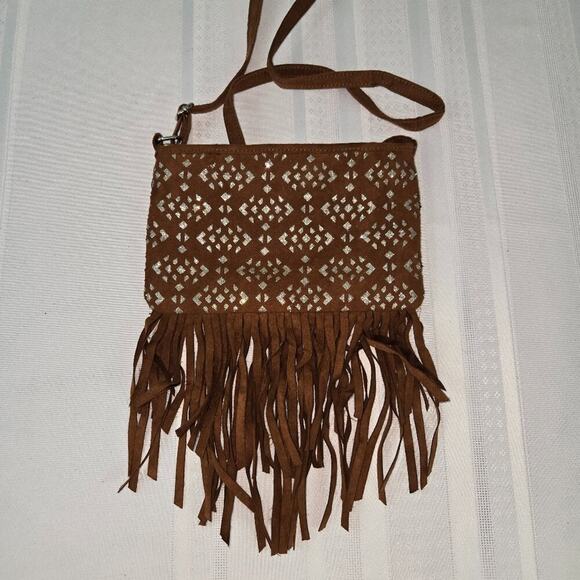 "Justice" Girls Brown Suede Fringe Crossbody Purse with Silver Pattern - NWOT - Picture 1 of 8